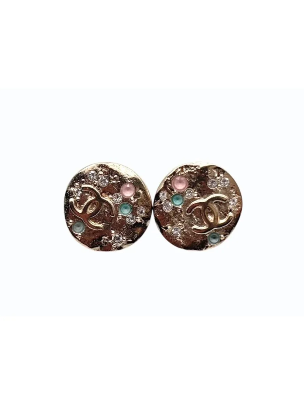 Chanel CC Logo Round Earrings 16 Rhinestone Color Stone Gold Metal